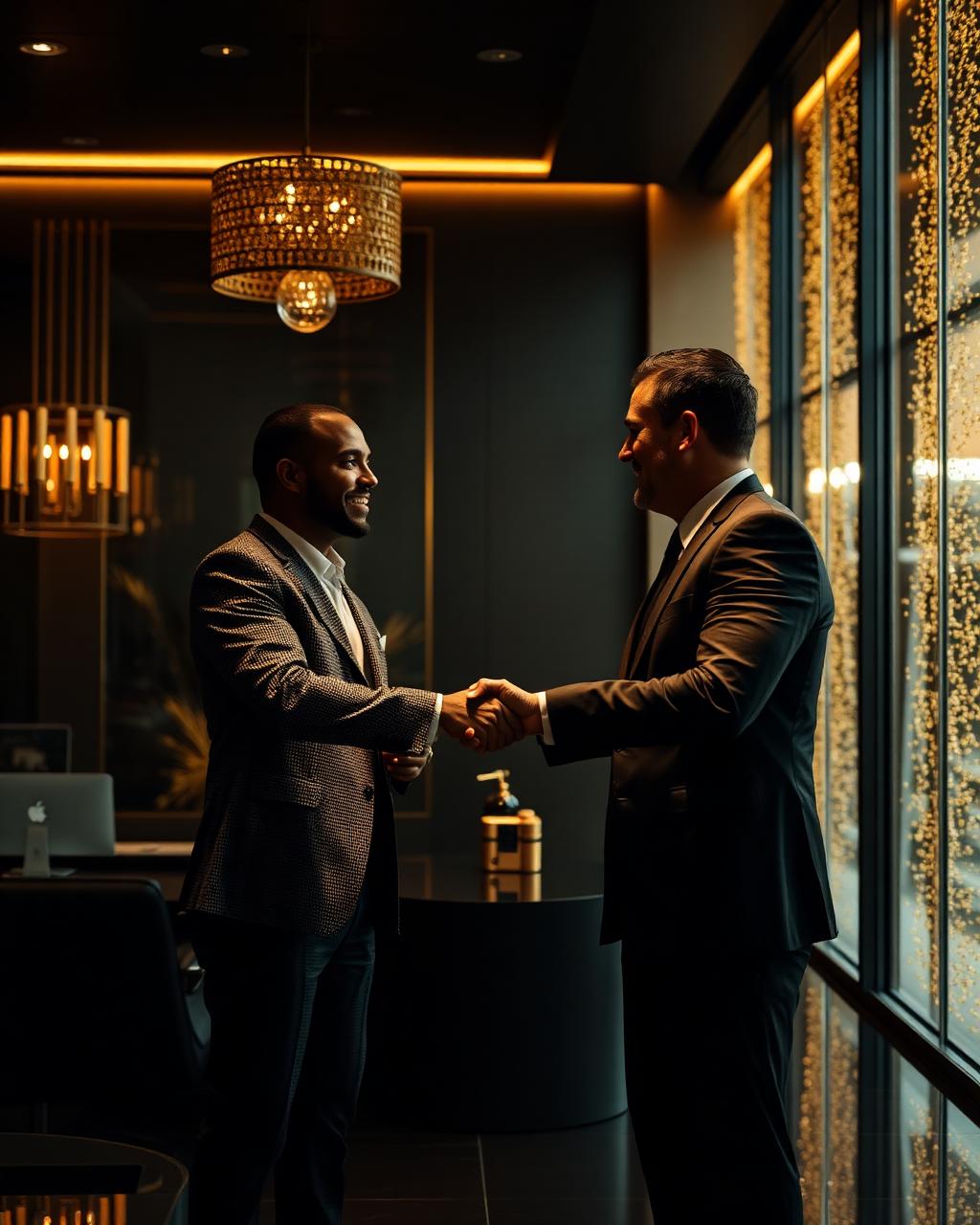 Partnership handshake in luxury office